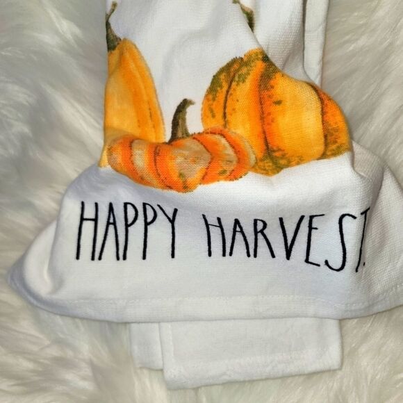 Rae Dunn Happy Harvest Kitchen towels set of 2 orange pumpkins 16in x 26in - Picture 2 of 11